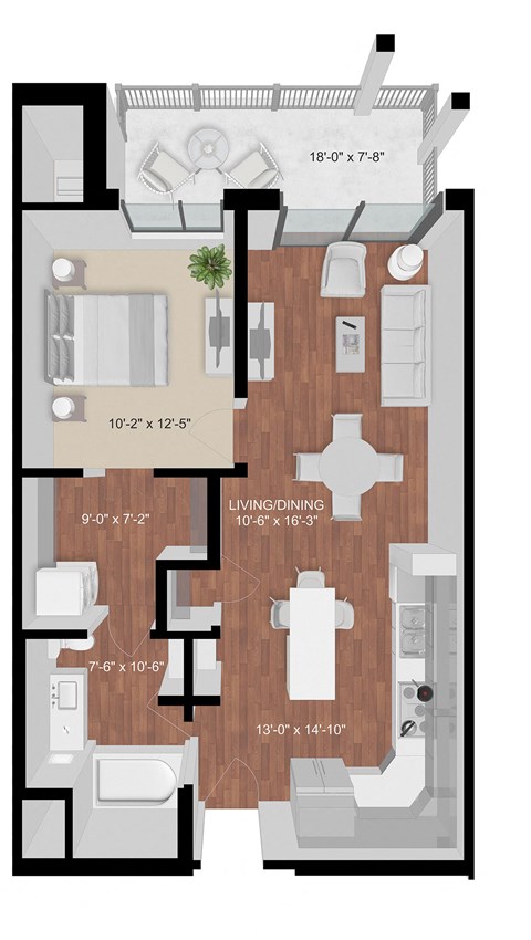 Floor plan for 1 bed, 1 bath, 733 sqft